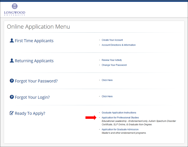 Screen shot of  Online Application menu with red arrow pointing to Application for Professional Studies in the right column.