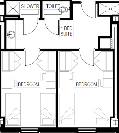 Double suites consist of two rooms within the same suite that share a bathroom. 